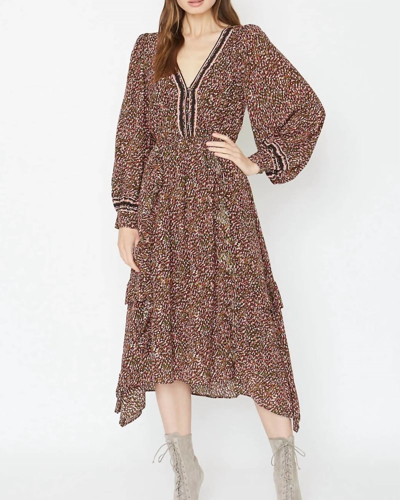 Front of a model wearing a size L Chae Dress in Multi Dot Stripe in Multi Dot Stripe by CABALLERO. | dia_product_style_image_id:337623